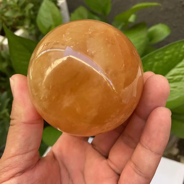 Natural Citrine Calcite Quartz Crystal Sphere with Wood Stand – Healing Gemstone for Feng Shui and Home Decor