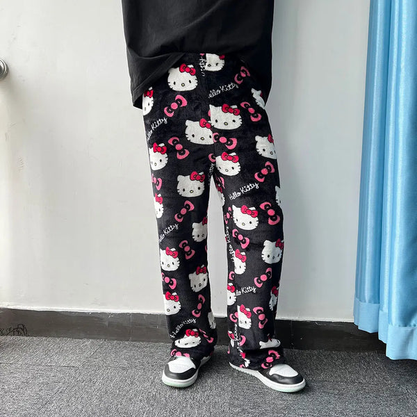 Hello Kitty Black Flannel Pyjamas - Women's Winter Cartoon Pants