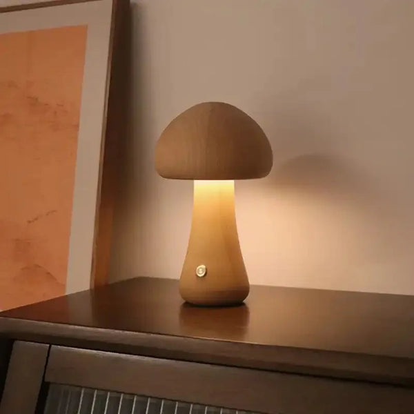 Wooden Mushroom Desk Lamp with Touch Switch - LED Night Light for Bedroom