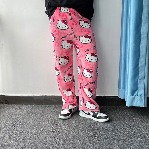 Hello Kitty Black Flannel Pyjamas - Women's Winter Cartoon Pants